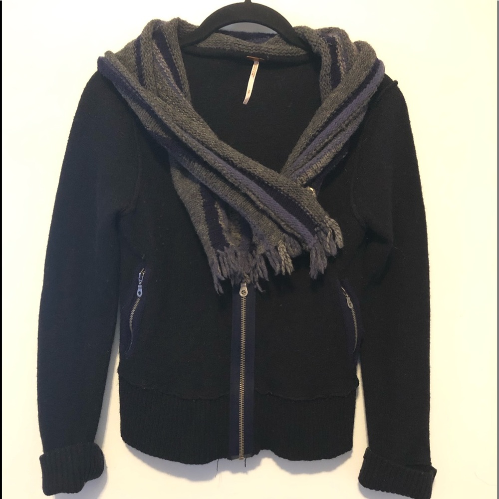 Free People Knit Moto Jacket Bomber Sweater Black Grey Blue Size Small - Picture 3 of 10